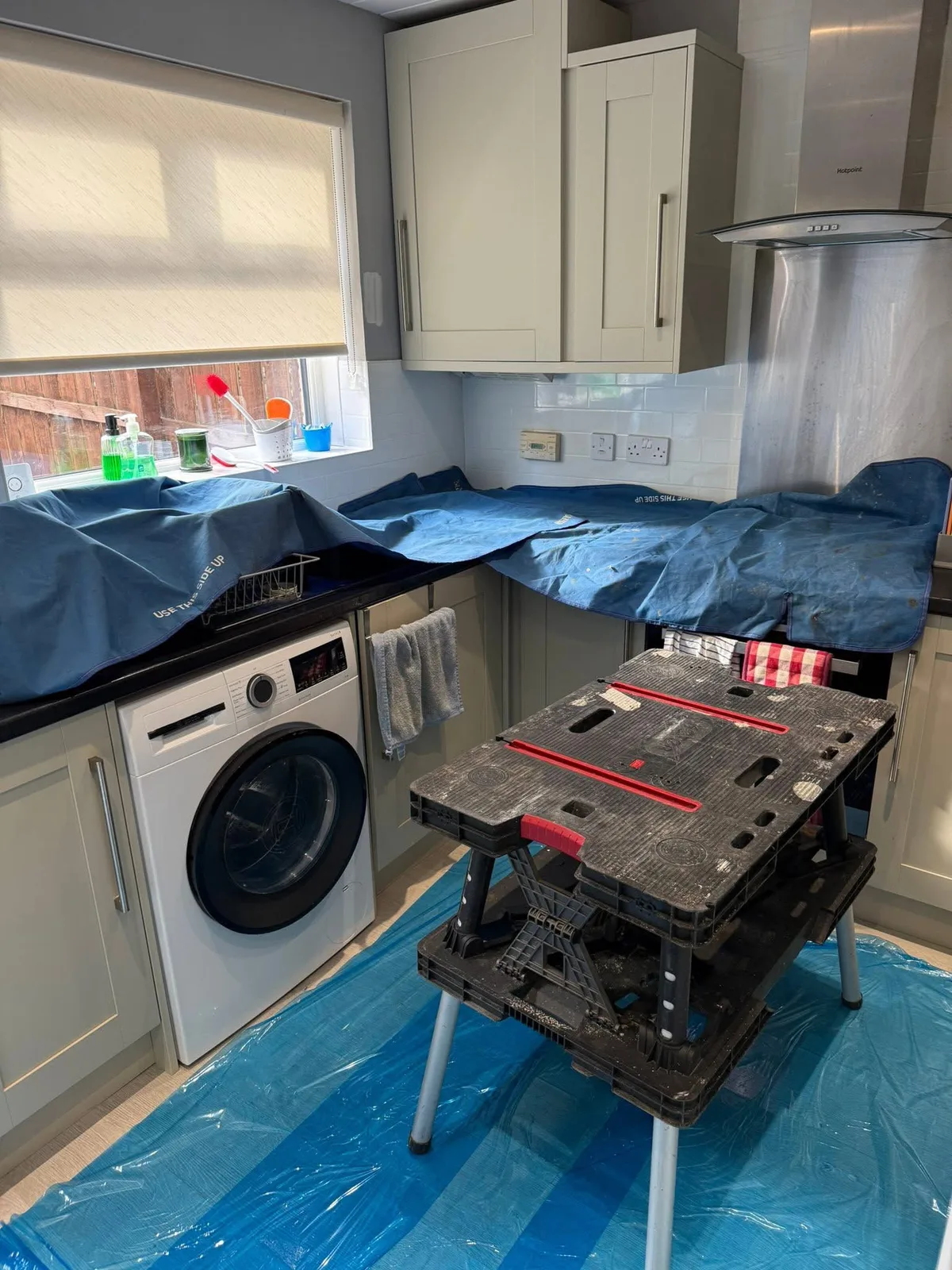 Kitchen work area with protective coverings
